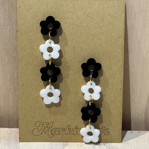 Daisy chain acrylic earrings whimsical retro bold quirky spring summer colorful playful gift gift able black and white