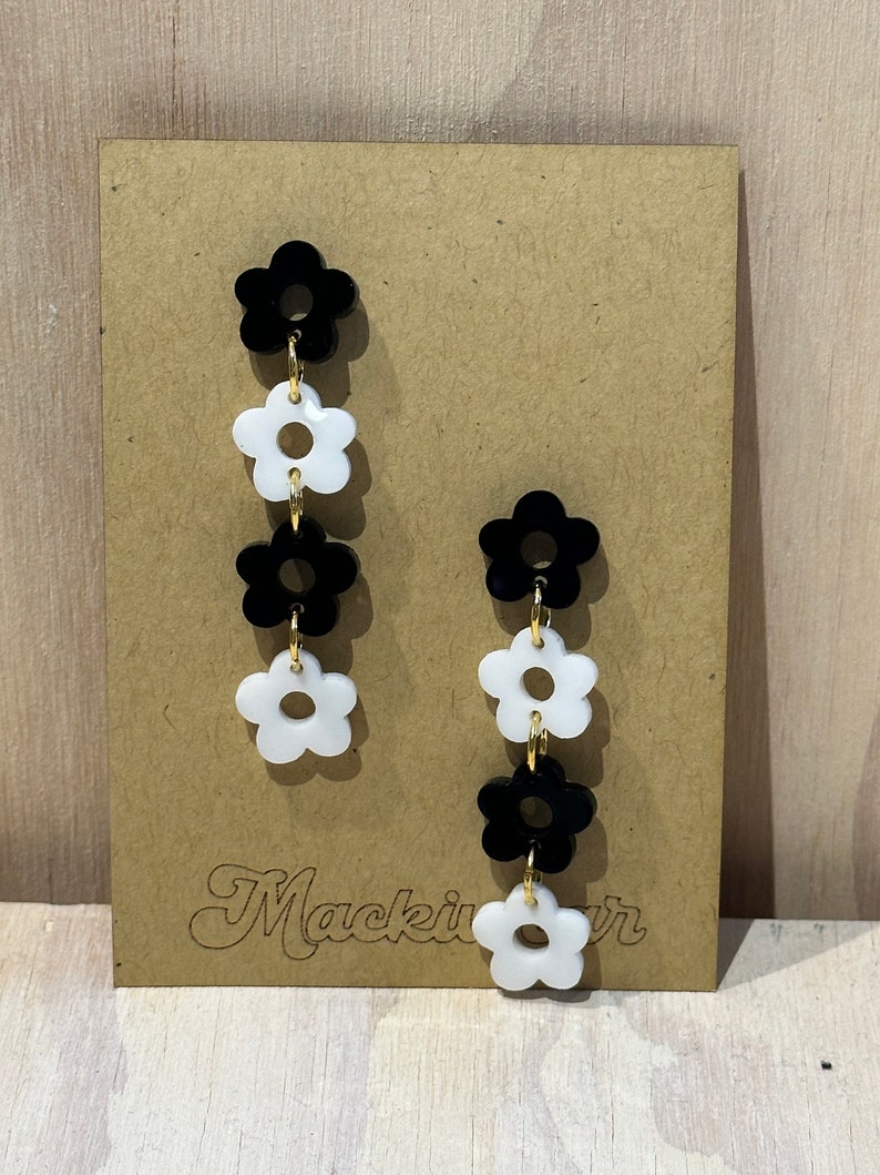 Daisy chain acrylic earrings whimsical retro bold quirky spring summer colorful playful gift gift able black and white