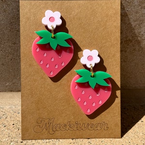 strawberry acrylic earrings cute whimsical pink holiday summer baby shower first birthday statement fruit red quirky teacher gift giftable medium pink