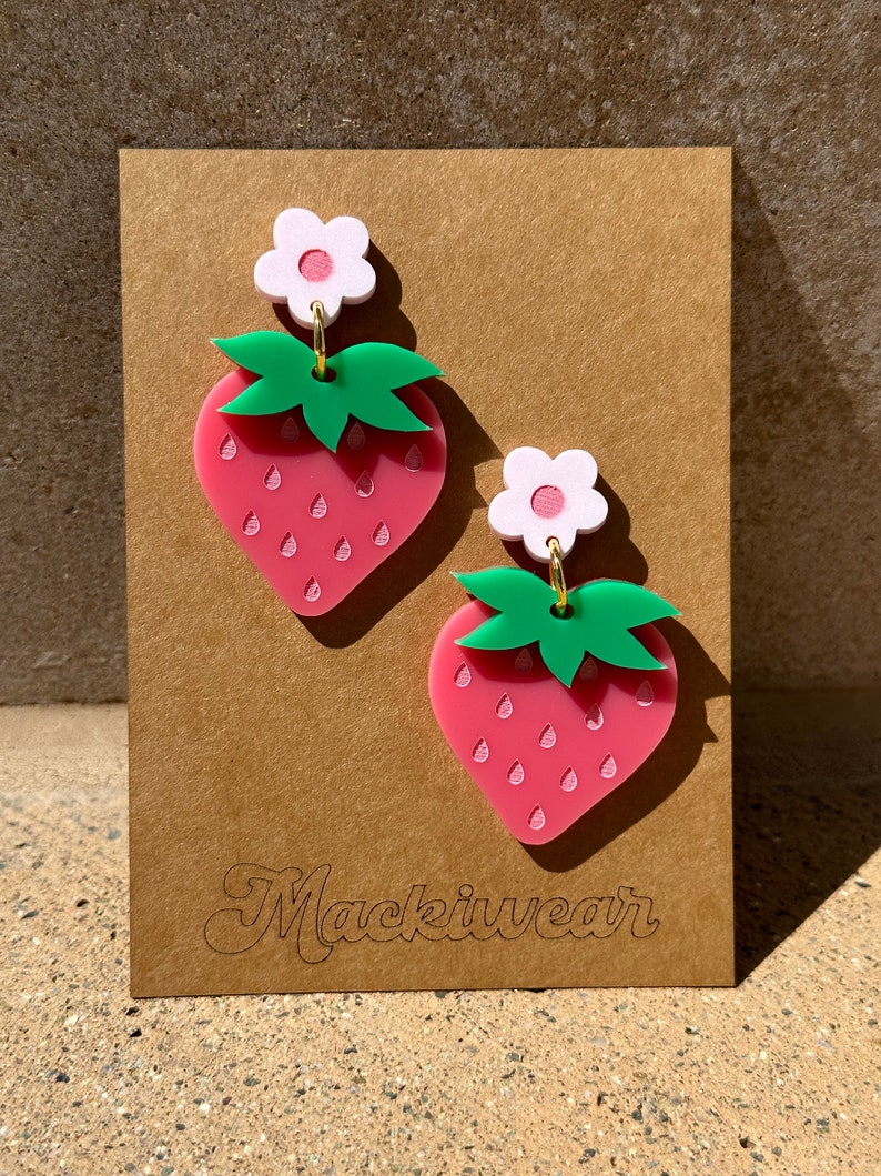 strawberry acrylic earrings cute whimsical pink holiday summer baby shower first birthday statement fruit red quirky teacher gift giftable medium pink