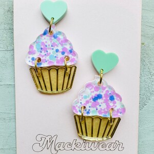 Cupcake acrylic earrings yum yummy summer fun food foodie flavors dessert birthday gift giftable cake treat modern art whimsical fun mint