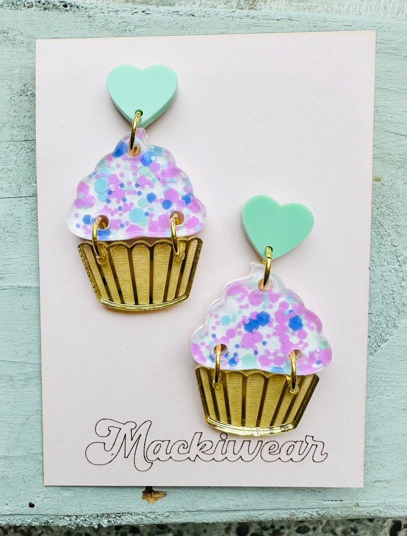 Cupcake acrylic earrings yum yummy summer fun food foodie flavors dessert birthday gift giftable cake treat modern art whimsical fun mint