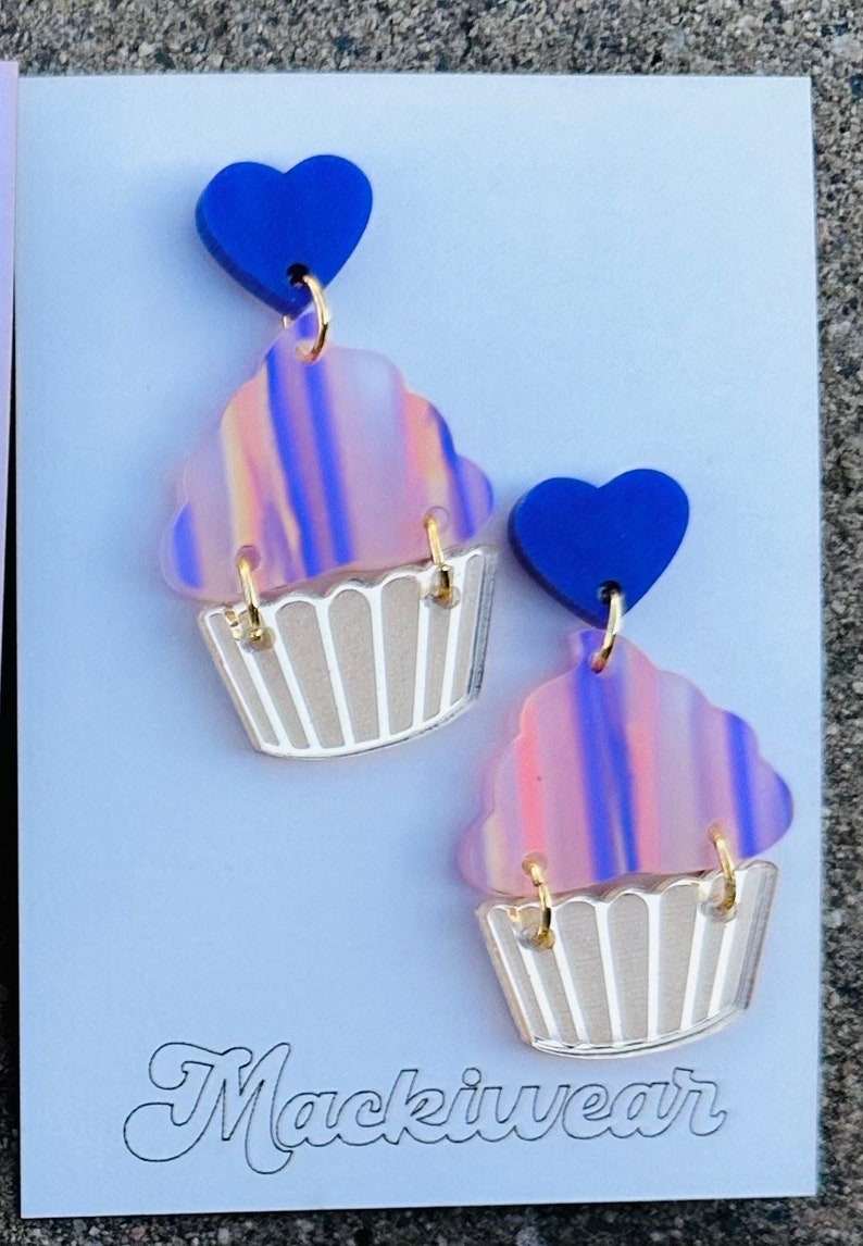 Cupcake acrylic earrings yum yummy summer fun food foodie flavors dessert birthday gift giftable cake treat modern art whimsical fun stripy