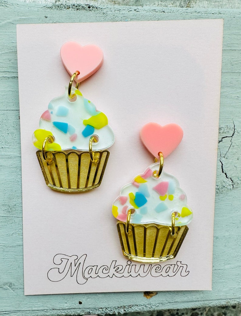 Cupcake acrylic earrings yum yummy summer fun food foodie flavors dessert birthday gift giftable cake treat modern art whimsical fun pink funfetti