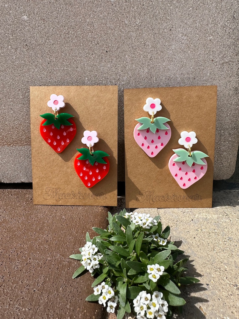 strawberry acrylic earrings cute whimsical pink holiday summer baby shower first birthday statement fruit red quirky teacher gift giftable image 3