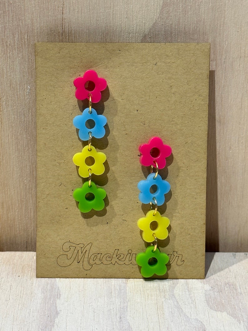 Daisy chain acrylic earrings whimsical retro bold quirky spring summer colorful playful gift gift able neons