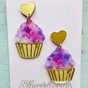 Cupcake acrylic earrings yum yummy summer fun food foodie flavors dessert birthday gift giftable cake treat modern art whimsical fun gold purple