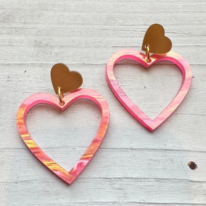 Heart hoop earrings valentine statement love colorful fun whimsical gift quirky gold pink