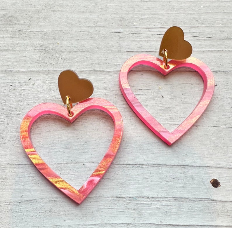 Heart hoop earrings valentine statement love colorful fun whimsical gift quirky gold pink