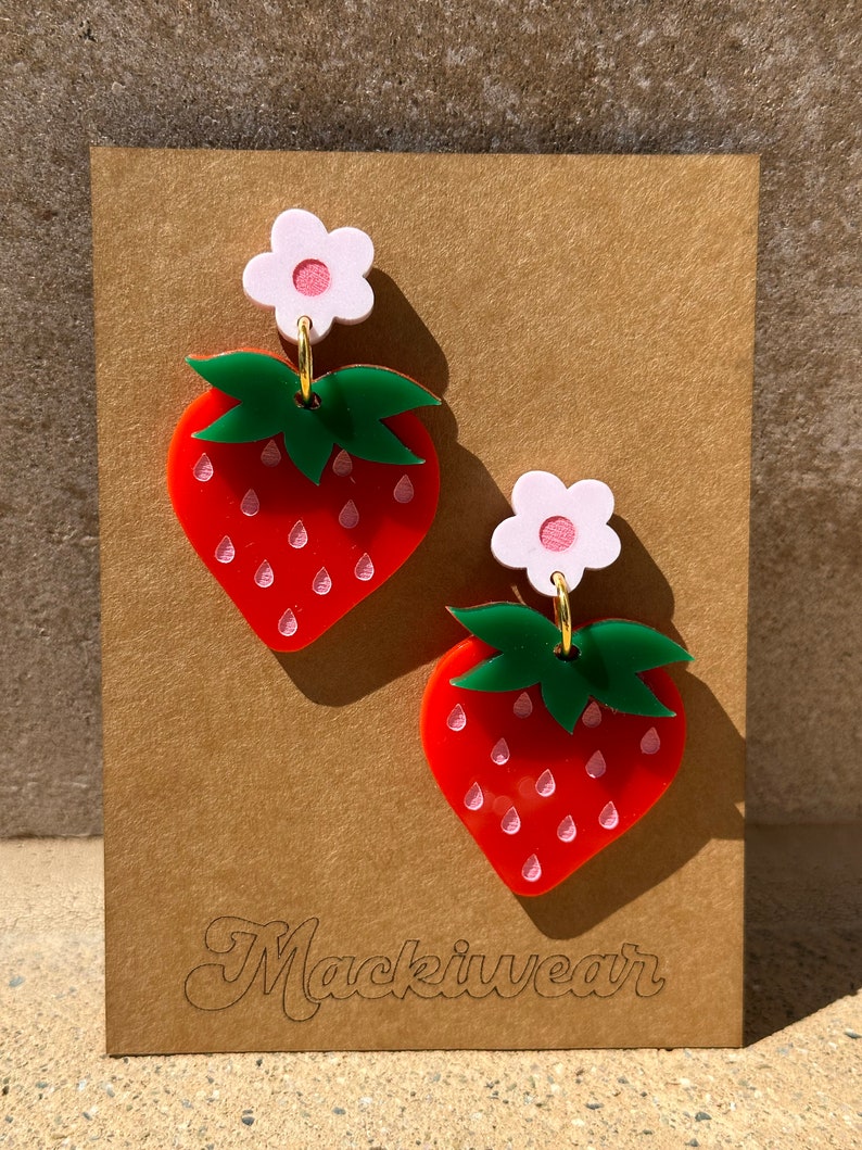 strawberry acrylic earrings cute whimsical pink holiday summer baby shower first birthday statement fruit red quirky teacher gift giftable Red