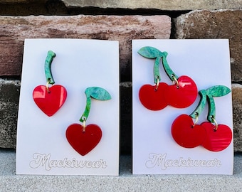 Cherry acrylic earrings cute whimsical red holiday summer baby shower first birthday statement fruit quirky teacher gift giftable