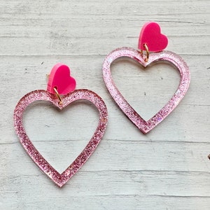 Heart hoop earrings valentine statement love colorful fun whimsical gift quirky pink fine glitter