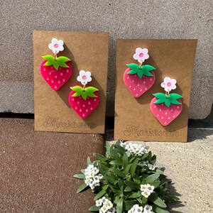 strawberry acrylic earrings cute whimsical pink holiday summer baby shower first birthday statement fruit red quirky teacher gift giftable image 4