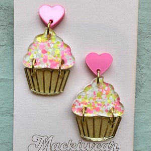 Cupcake acrylic earrings yum yummy summer fun food foodie flavors dessert birthday gift giftable cake treat modern art whimsical fun strawberry lemonade