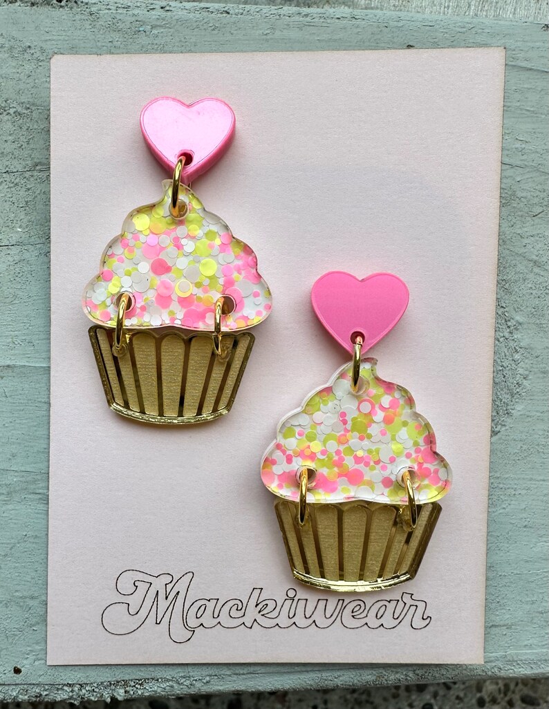 Cupcake acrylic earrings yum yummy summer fun food foodie flavors dessert birthday gift giftable cake treat modern art whimsical fun strawberry lemonade