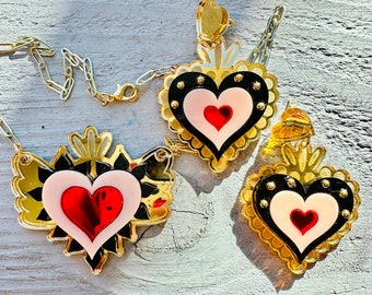 Heart earrings sacred Milagro corazon valentine statement love colorful fun whimsical