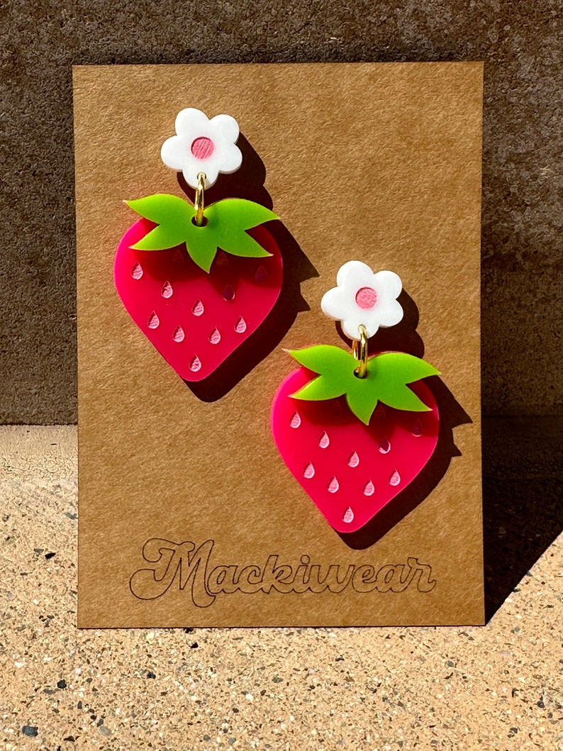 strawberry acrylic earrings cute whimsical pink holiday summer baby shower first birthday statement fruit red quirky teacher gift giftable bright pink