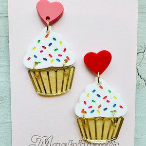 Cupcake acrylic earrings yum yummy summer fun food foodie flavors dessert birthday gift giftable cake treat modern art whimsical fun rainbow sprinkles