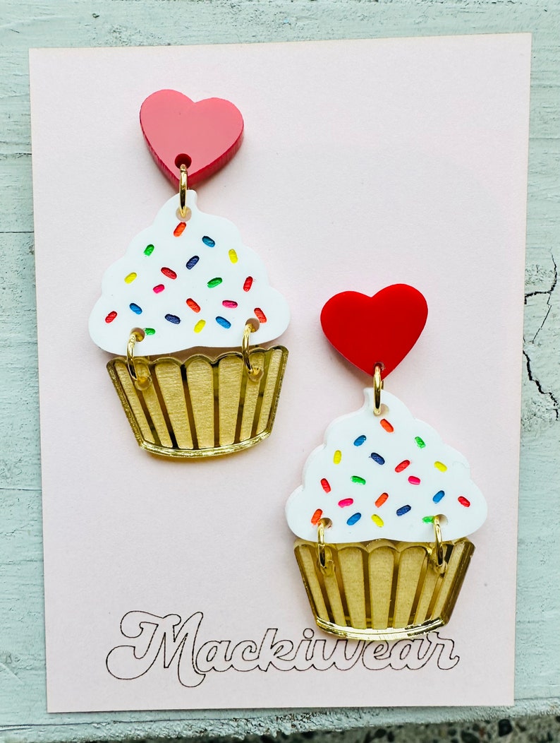 Cupcake acrylic earrings yum yummy summer fun food foodie flavors dessert birthday gift giftable cake treat modern art whimsical fun rainbow sprinkles