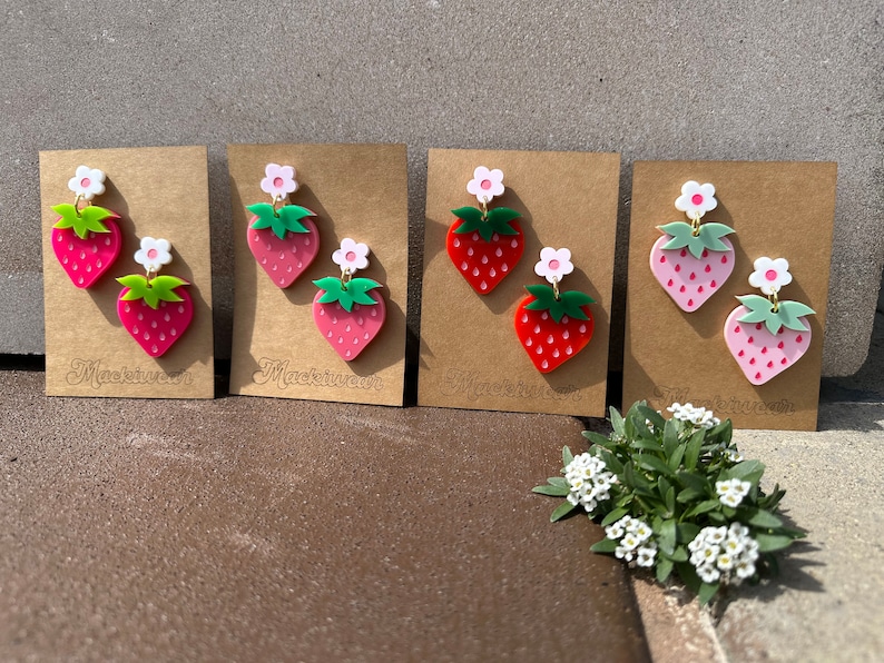 strawberry acrylic earrings cute whimsical pink holiday summer baby shower first birthday statement fruit red quirky teacher gift giftable image 2