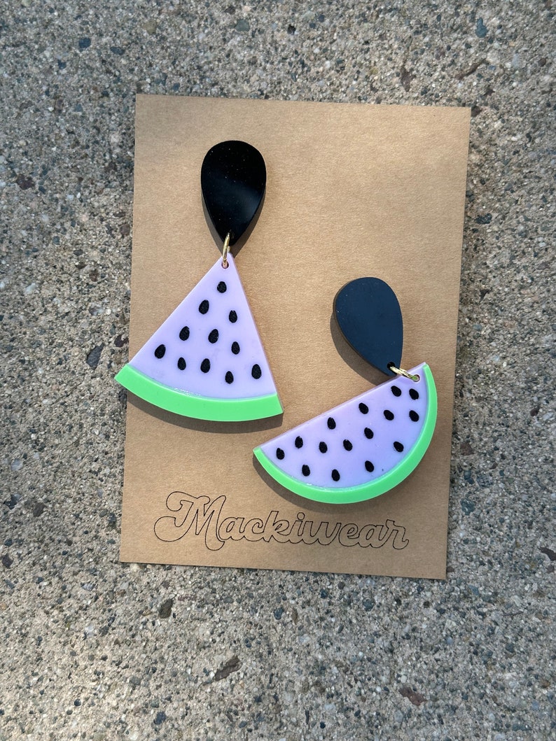 watermelon acrylic earrings summer fun lightweight food whimsical gift vacation teacher fruit Purple