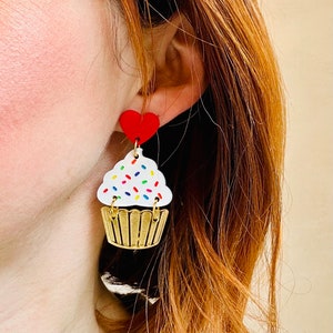 Cupcake acrylic earrings yum yummy summer fun food foodie flavors dessert birthday gift giftable cake treat modern art whimsical fun image 3