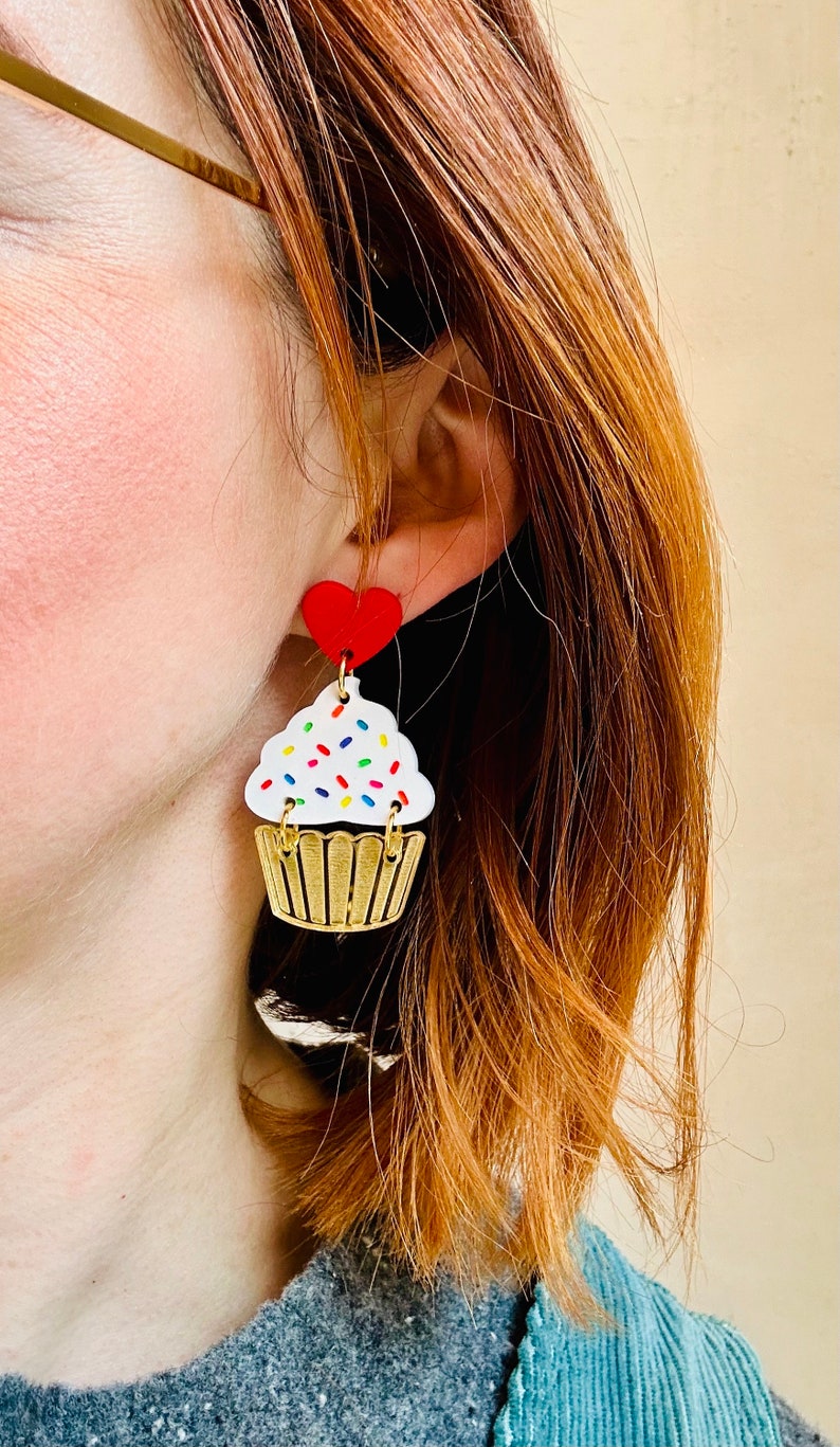 Cupcake acrylic earrings yum yummy summer fun food foodie flavors dessert birthday gift giftable cake treat modern art whimsical fun image 3