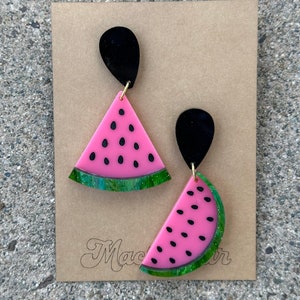 watermelon acrylic earrings summer fun lightweight food whimsical gift vacation teacher fruit Pink