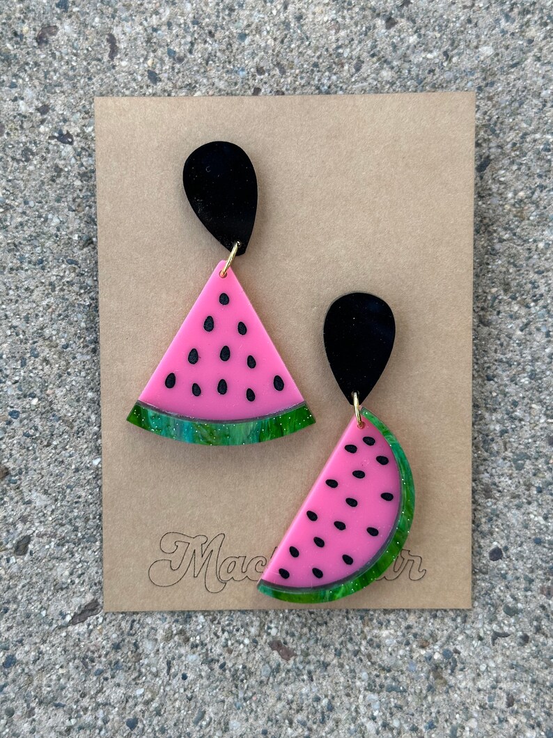 watermelon acrylic earrings summer fun lightweight food whimsical gift vacation teacher fruit Pink