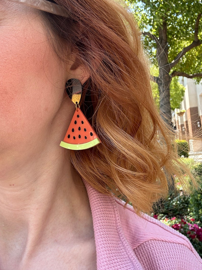 watermelon acrylic earrings summer fun lightweight food whimsical gift vacation teacher fruit image 6