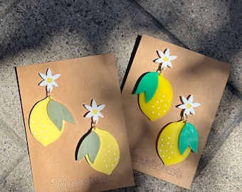 lemon acrylic earrings birthday party summer fun bright fun happy yellow gift whimsical fruit quirky