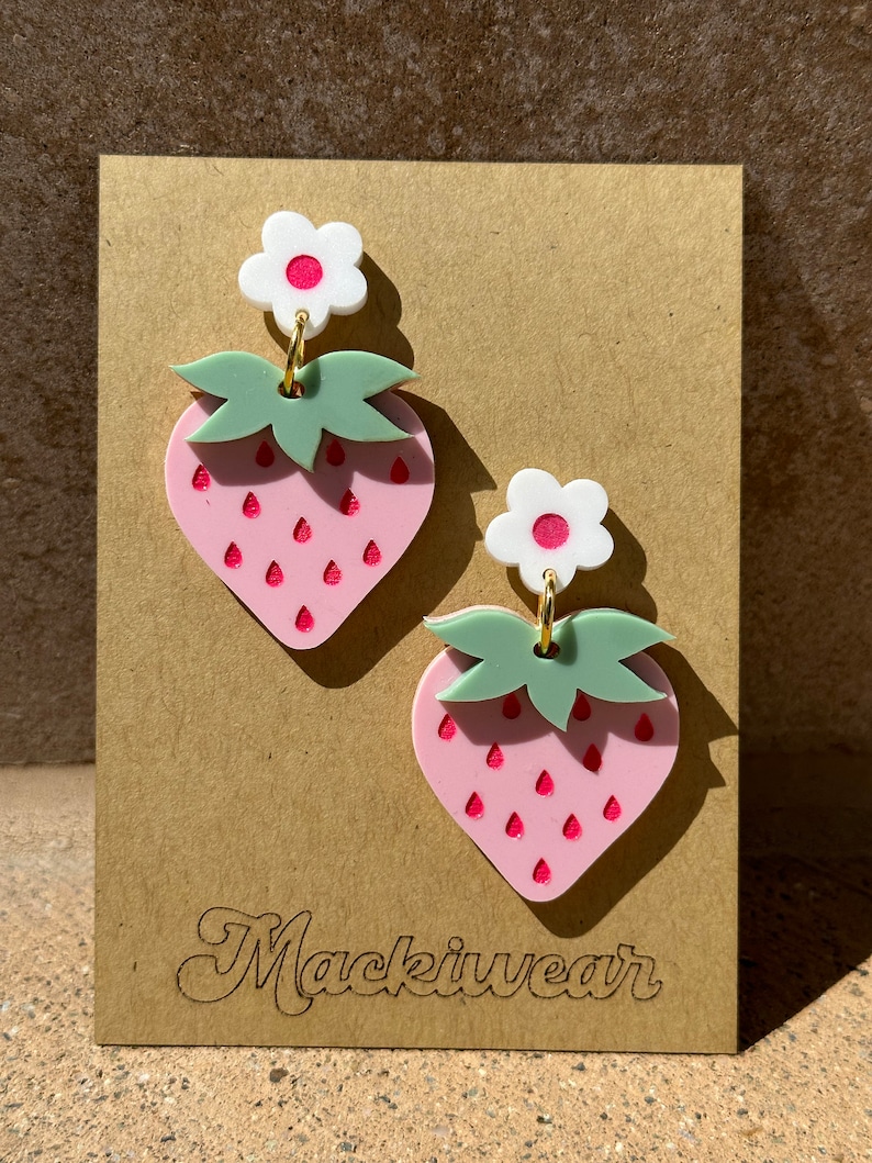 strawberry acrylic earrings cute whimsical pink holiday summer baby shower first birthday statement fruit red quirky teacher gift giftable light pink