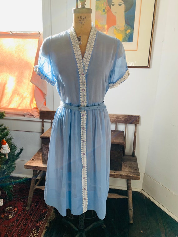 1950s Sheer Light Blue Lace Dress