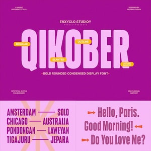 Op de afbeelding: Een grafisch ontwerp met het lettertype "QIKOBER" in verschillende stijlen: Regular, Outline, Slanted en Outline Slanted. Het ontwerp bevat ook de tekst "Bold Rounded Condensed Display Font" en voorbeelden van het gebruik van het lettertype.