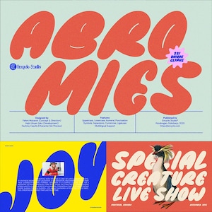May include: A graphic design featuring the word "AGRONOMIES" in large, red, rounded letters. Additional text includes "221 UNIQUE GLYPHS," and details about the font's features and designers. The bottom panels display "JOY" and "SPECIAL CREATURE LIVE SHOW."