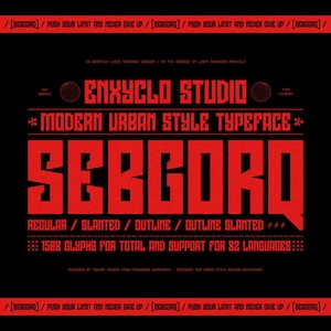 May include: A black and red graphic design featuring the text "ENXYCLO STUDIO" and "SEBGORQ" in a bold, modern font. The design includes the phrases "PUSH YOUR LIMIT AND NEVER GIVE UP" and "MODERN URBAN STYLE TYPEFACE".