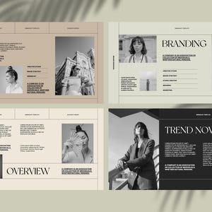 May include: A four-page black and white presentation with the words "Branding", "Trend Now", and "Overview" in bold, black text. The pages feature black and white photos of women in various poses.