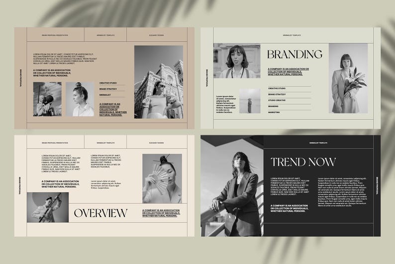 May include: A four-page black and white presentation with the words "Branding", "Trend Now", and "Overview" in bold, black text. The pages feature black and white photos of women in various poses.