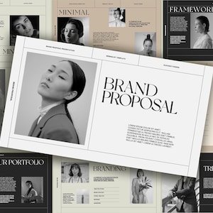 Könnte beinhalten: Eine schwarz-weiße Marken-Vorschlagsvorlage mit dem Text "BRAND PROPOSAL" in fetter, großer Schrift. Die Vorlage enthält Abschnitte für "Introduce", "Minimal", "Framework", "New Brand", "Our Portfolio", "Branding" und "Trend Now".