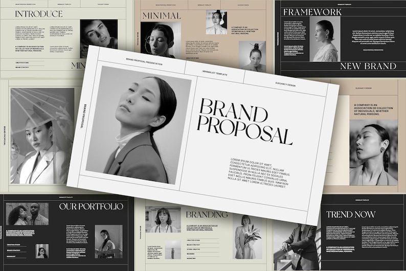 May include: A black and white brand proposal template with the text "BRAND PROPOSAL" in bold, large font. The template includes sections for "Introduce", "Minimal", "Framework", "New Brand", "Our Portfolio", "Branding", and "Trend Now".