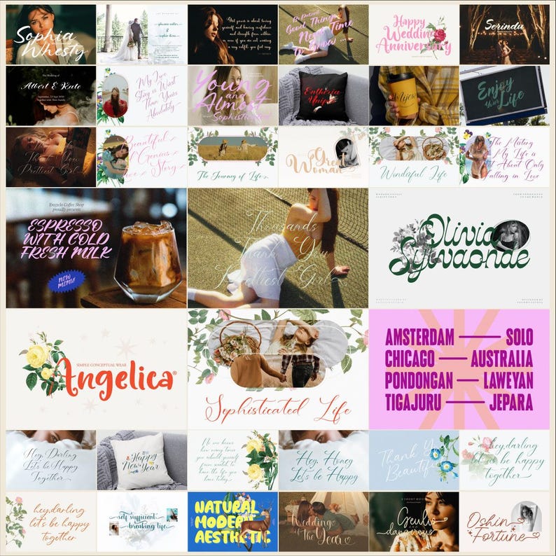 May include: A collage of images featuring various fonts and text, including the words "Sophia Whesty", "Espresso with Cold Fresh Milk", "Angelica", "Sophisticated Life", "Olivia Syovaonde", "Natural Modern Aesthetic", and "Oshin Fortune".