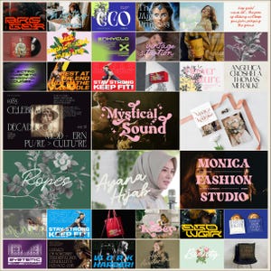 May include: A collage of images featuring various designs and text. Some of the text includes "Mystical Sound", "Ropes", "Avana Hijab", "Monica Fashion Studio", "WGIR", "Beauty", and "Haruza Bakery".