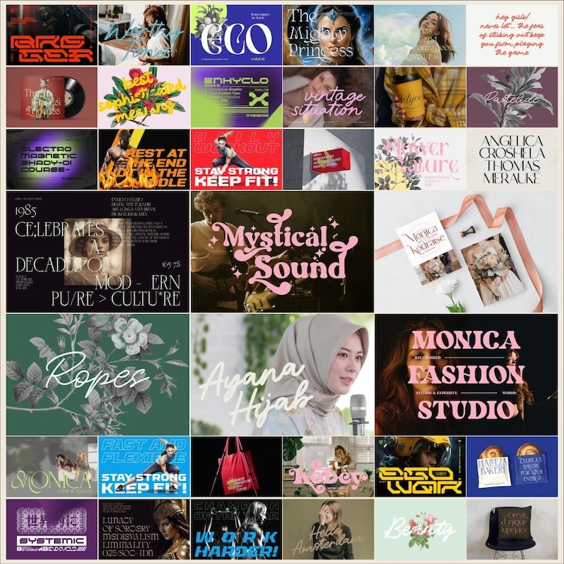 May include: A collage of images featuring various designs and text. Some of the text includes "Mystical Sound", "Ropes", "Avana Hijab", "Monica Fashion Studio", "WGIR", "Beauty", and "Haruza Bakery".