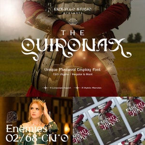 以下が含まれることがあります： 中世をテーマにした「The Quironax」という白いフォントデザイン。このフォントは、720グリフ、レギュラーと斜体のスタイル、15のスタイリッシュな代替案を備えた、ユニークで装飾的なフォントです。このフォントは、グラフィックデザインプロジェクトでの使用に適しています。