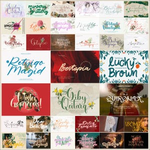 May include: A collection of 36 colorful and unique font designs. The fonts are displayed in a grid format with a variety of styles, including script, sans serif, and serif. The fonts are perfect for use in branding, logos, and other design projects.
