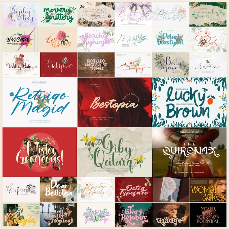 May include: A collection of 36 colorful and unique font designs. The fonts are displayed in a grid format with a variety of styles, including script, sans serif, and serif. The fonts are perfect for use in branding, logos, and other design projects.