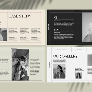 May include: A black and white presentation template with the text "Case Study" and "Our Gallery". The template features images of people in various poses.