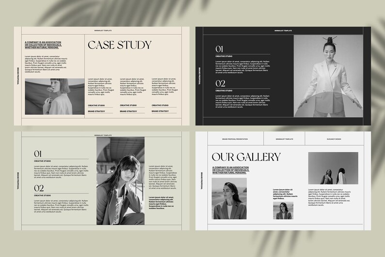 May include: A black and white presentation template with the text "Case Study" and "Our Gallery". The template features images of people in various poses.