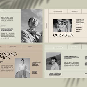 May include: A black and white brochure with the text "Branding Design" and "Our Vision". The brochure features images of people and a building.