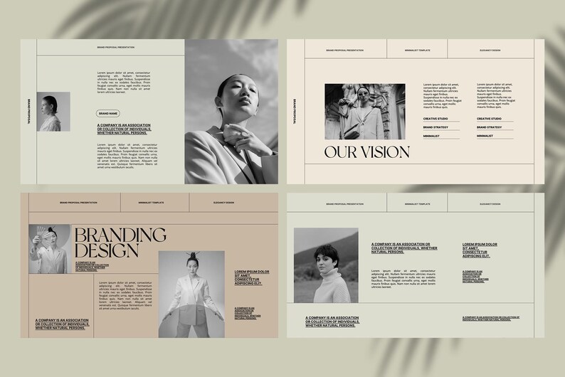 May include: A black and white brochure with the text "Branding Design" and "Our Vision". The brochure features images of people and a building.